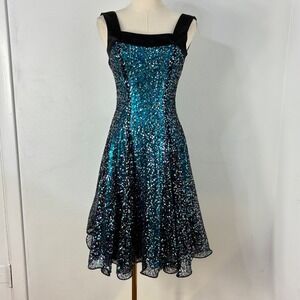Vintage Rivar's Teal Sequin Party Dress Glam Ball Prom Fit & Flare Flapper 3/4